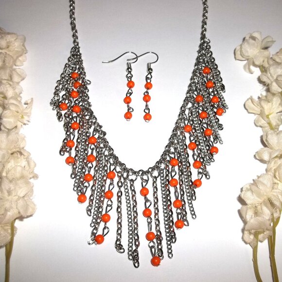 Beaded Necklace and Earring Orange Silver Chain Costume Jewlery Fashion Set C701 - Picture 1 of 4